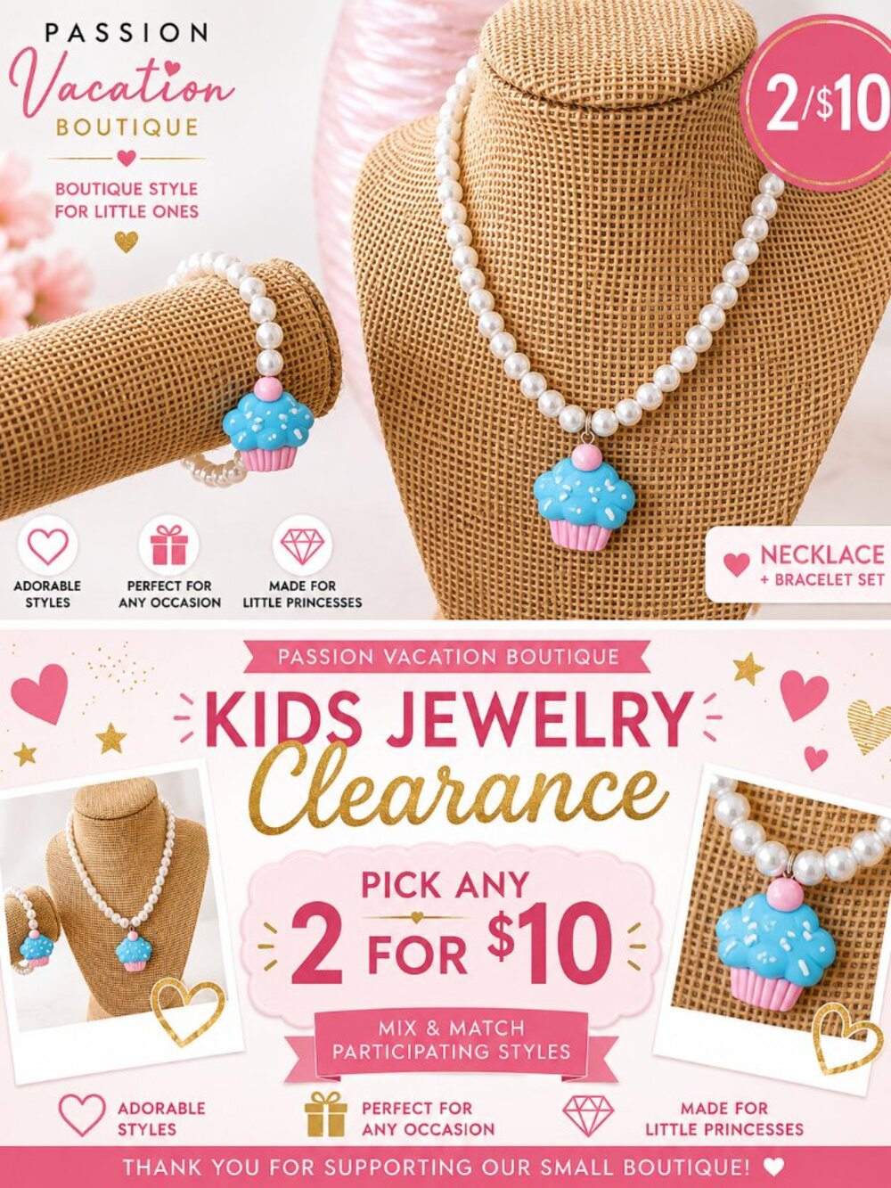 2/$10 Kids Jewelry | Blue Cupcake Pearl Necklace + Bracelet Set